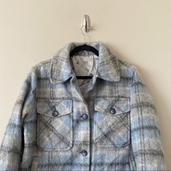 Topshop- Check Button Down Fuzzy Shacket - Picture 5 of 12